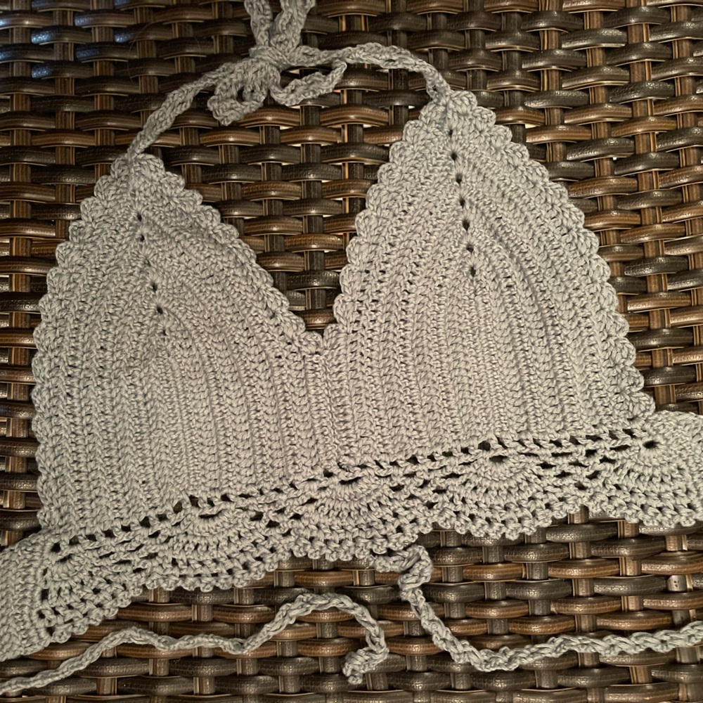 Crochet Knit Halter Bikini Top GREY GREEN SAGE